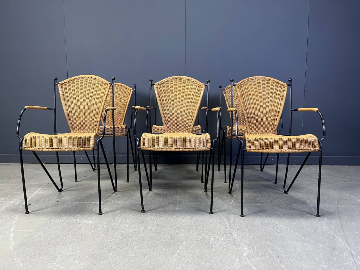 set of six chairs, beige rattan, black iron, France, 1960s - 273254