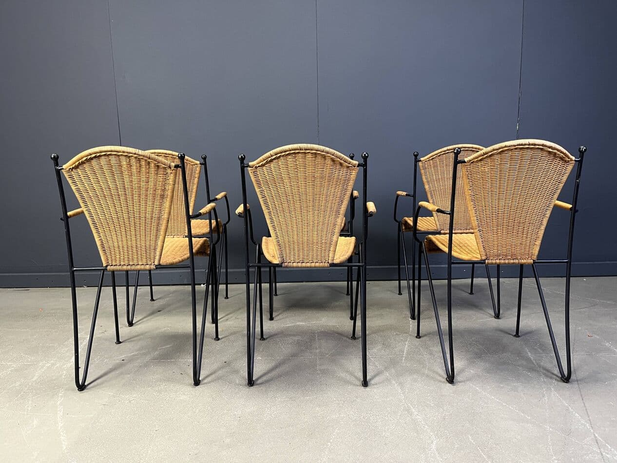 set of six chairs, beige rattan, black iron, France, 1960s - 273248
