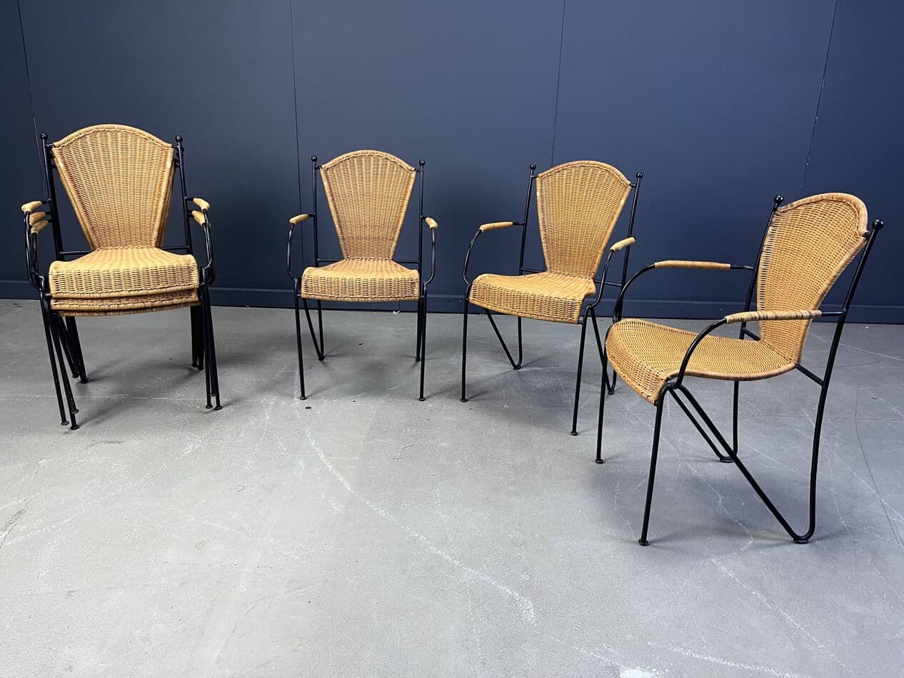 set of six chairs, beige rattan, black iron, France, 1960s - 273251