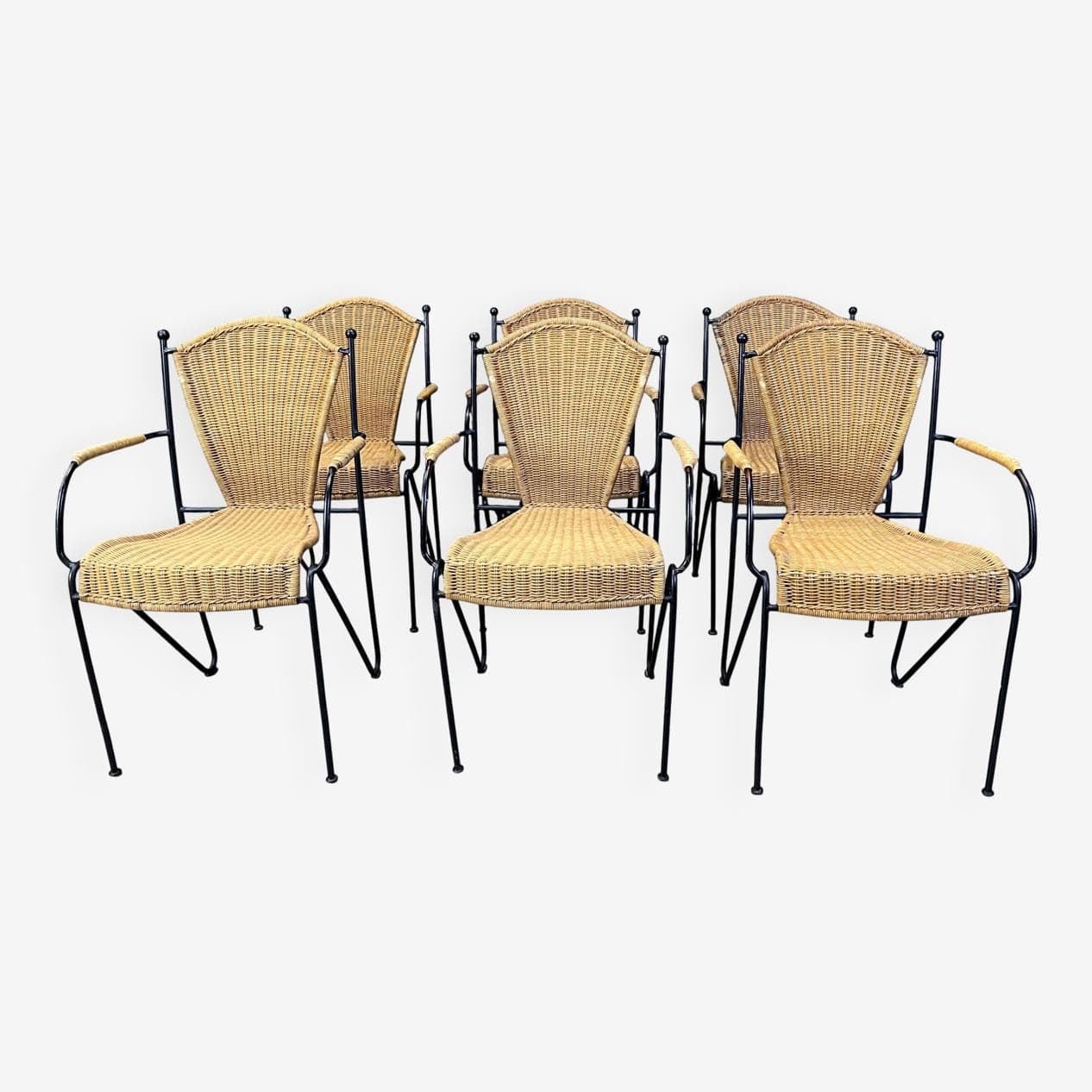 set of six chairs, beige rattan, black iron, France, 1960s - 273252