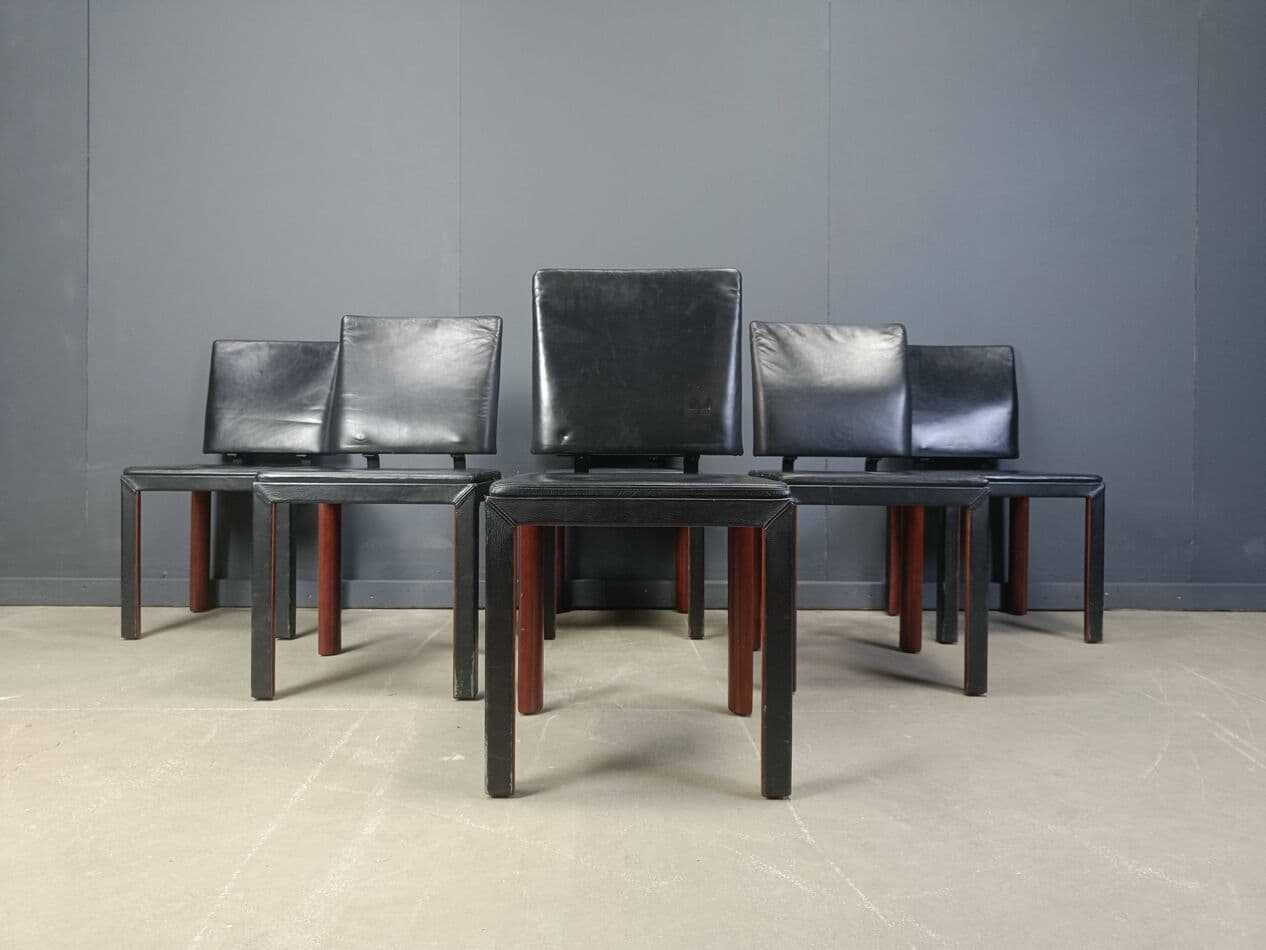 zestaw sześciu krzeseł jadalnianych, skóra czarna, drewno, Belgia, lata 80. - 273176