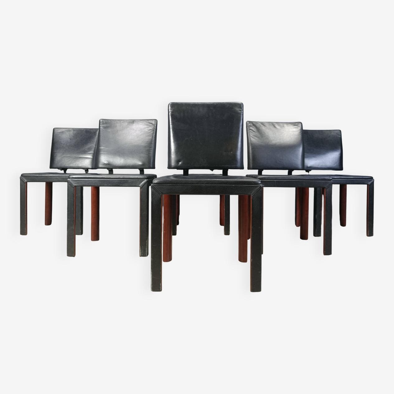 zestaw sześciu krzeseł jadalnianych, skóra czarna, drewno, Belgia, lata 80. - 273178