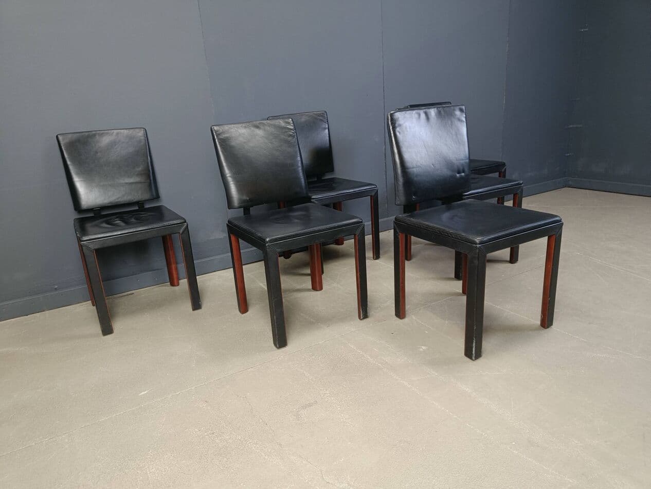 zestaw sześciu krzeseł jadalnianych, skóra czarna, drewno, Belgia, lata 80. - 273184