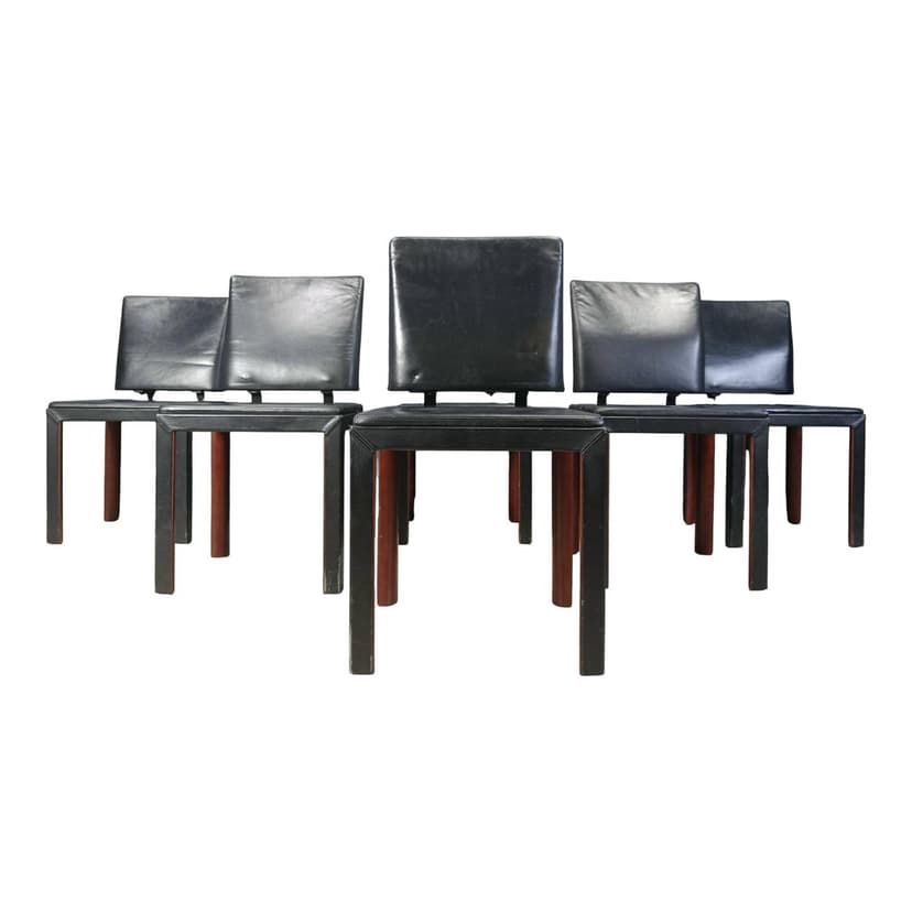 zestaw sześciu krzeseł jadalnianych, skóra czarna, drewno, Belgia, lata 80.