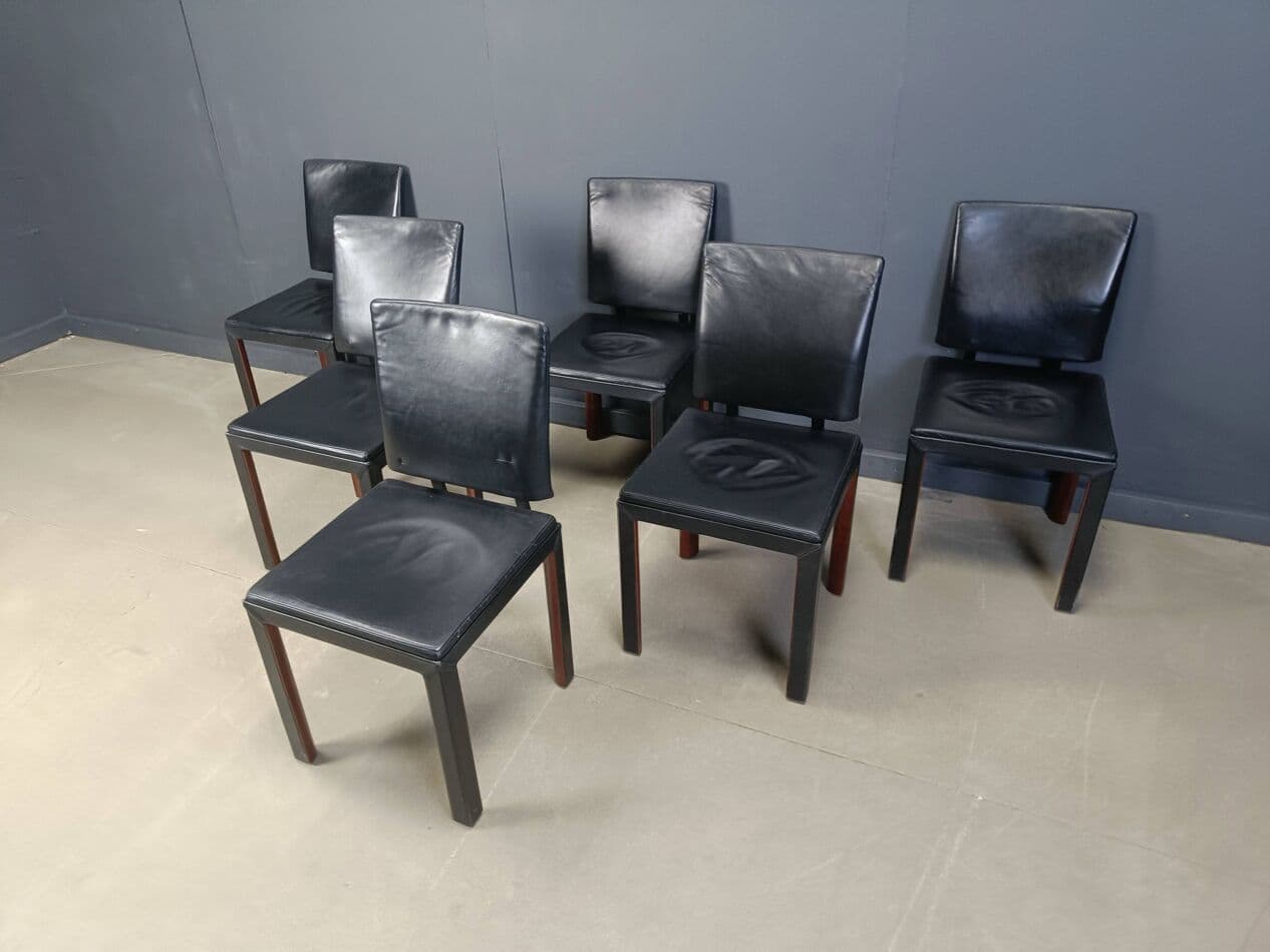 zestaw sześciu krzeseł jadalnianych, skóra czarna, drewno, Belgia, lata 80. - 273183