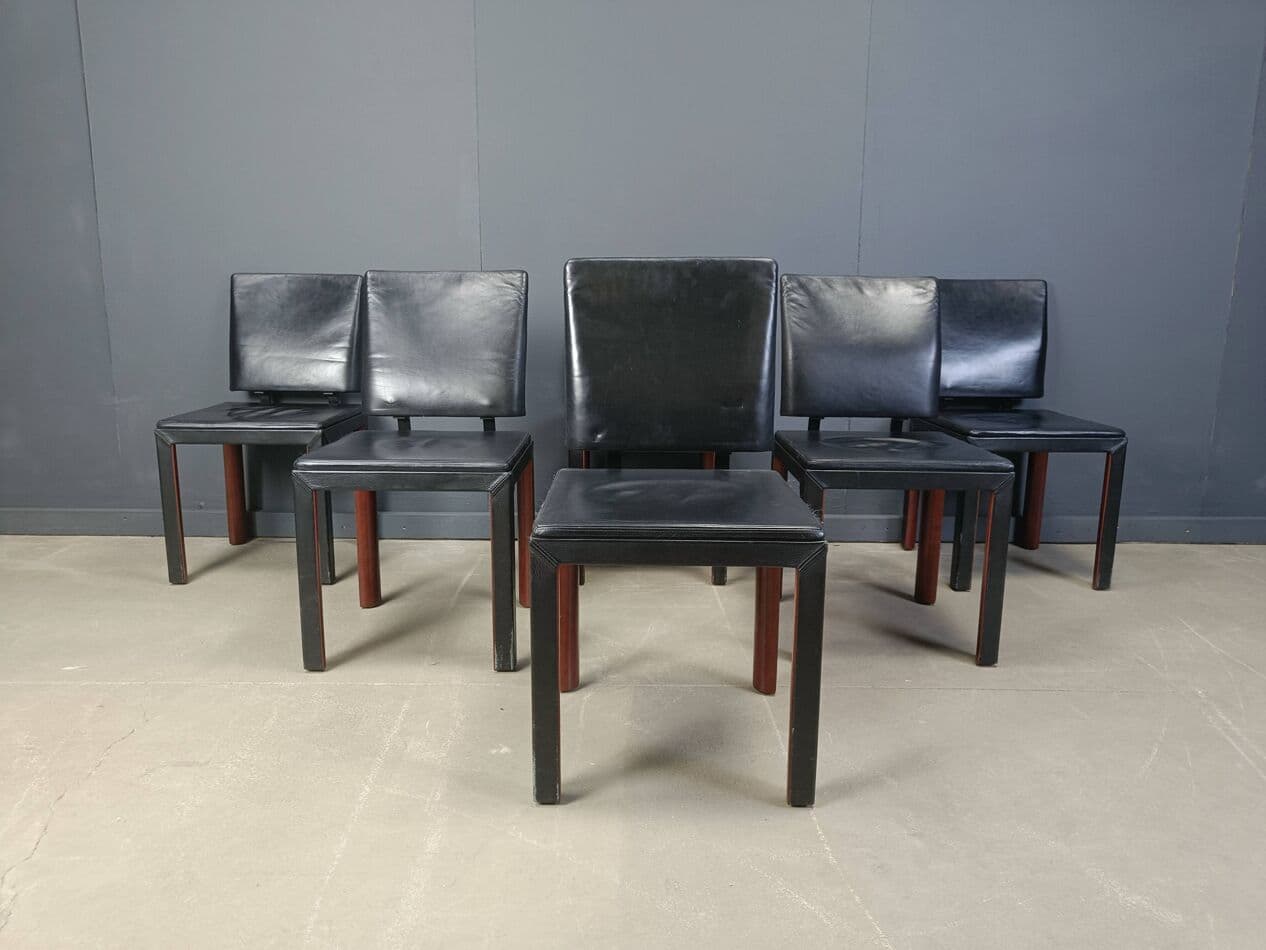 zestaw sześciu krzeseł jadalnianych, skóra czarna, drewno, Belgia, lata 80. - 273186