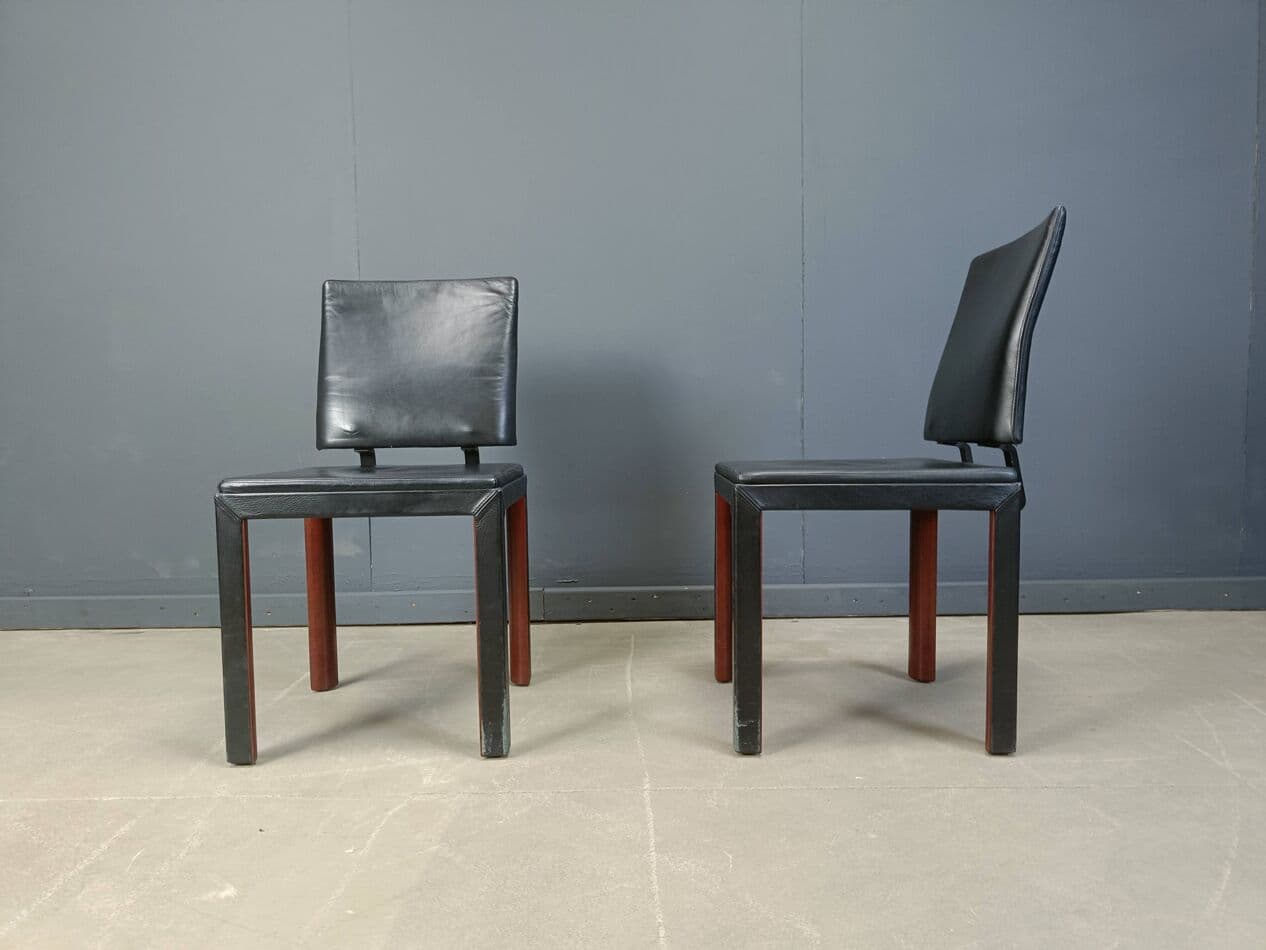 zestaw sześciu krzeseł jadalnianych, skóra czarna, drewno, Belgia, lata 80. - 273181