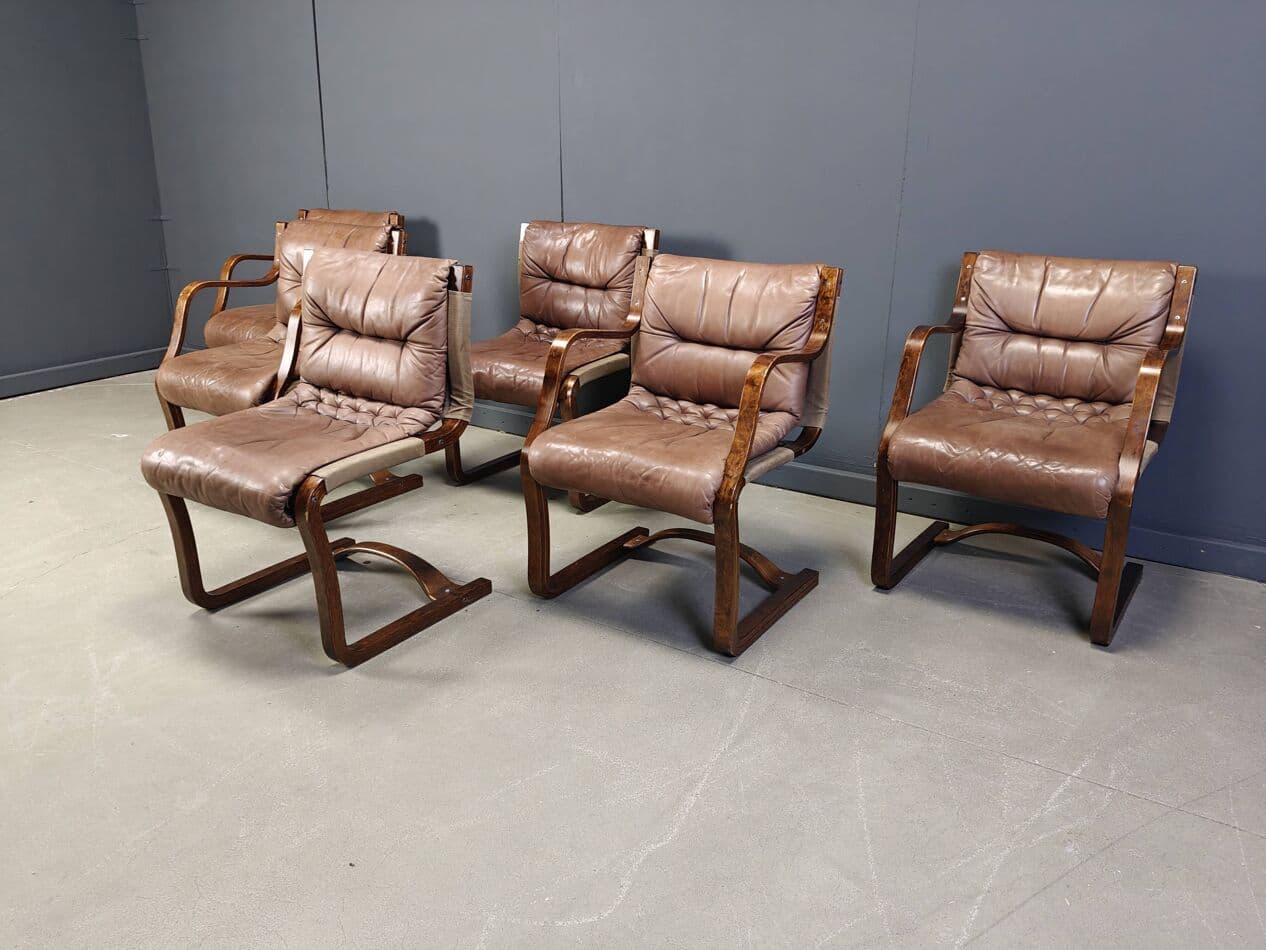 Zestaw sześciu krzeseł, Asko Pajamies, skóra brązowa, sklejka, proj. E. Pajamies, Asko, Finlandia, lata 70. - 273067