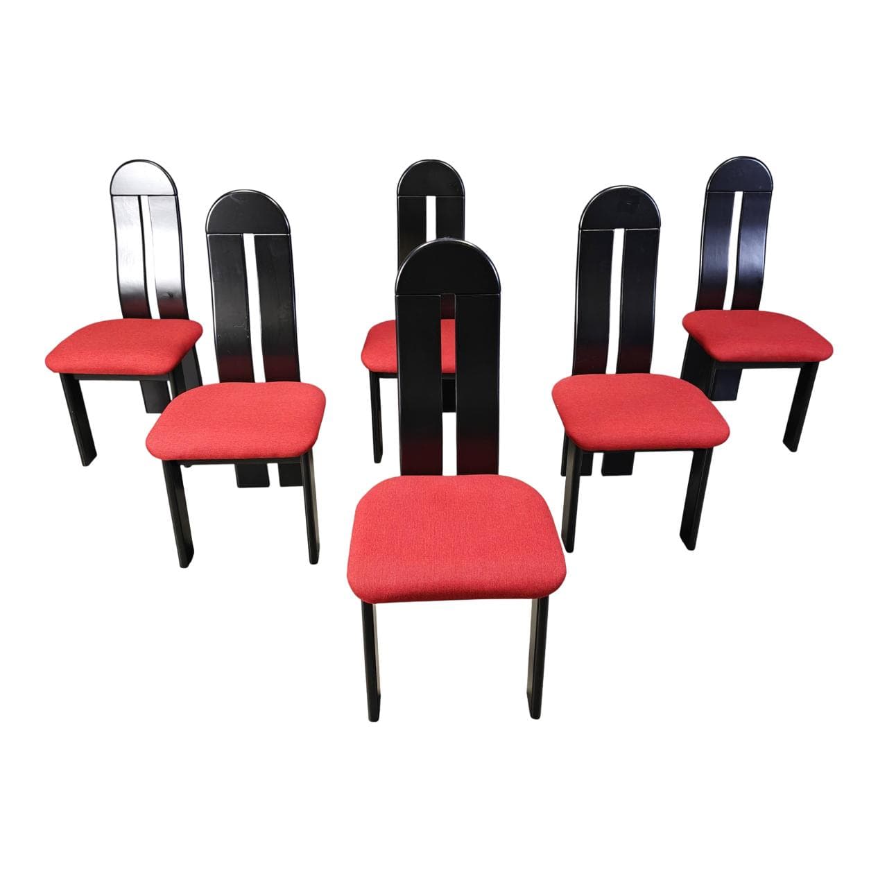 Komplet sześciu krzeseł do jadalni postmodernizm, drewno czarne, tkanina czerwona, Niemcy, lata 80.