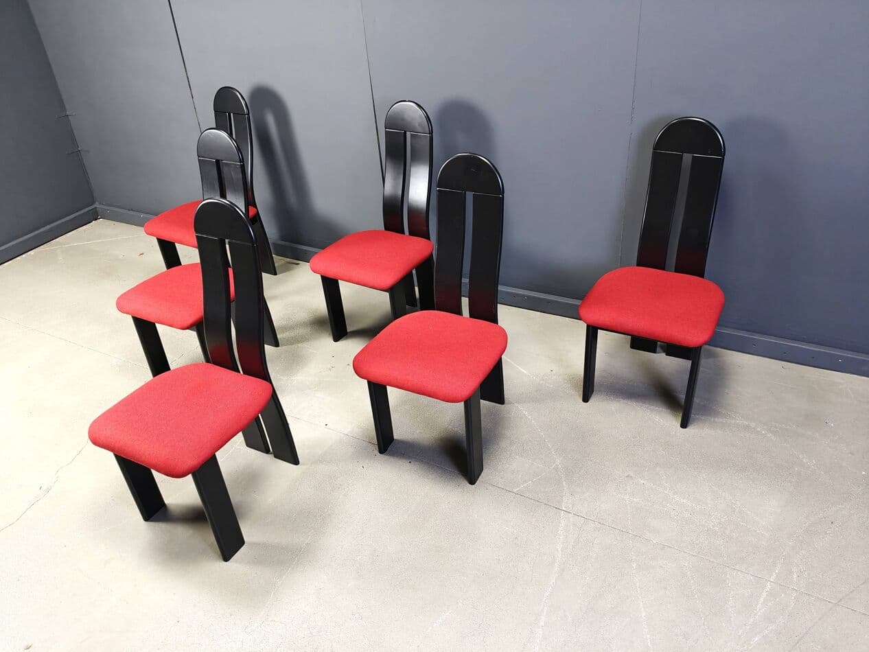 Komplet sześciu krzeseł do jadalni postmodernizm, drewno czarne, tkanina czerwona, Niemcy, lata 80. - 272948