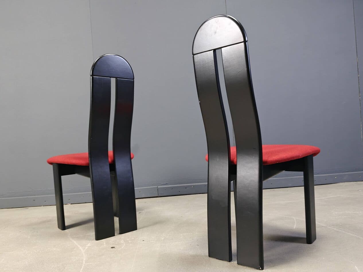 Komplet sześciu krzeseł do jadalni postmodernizm, drewno czarne, tkanina czerwona, Niemcy, lata 80. - 272952