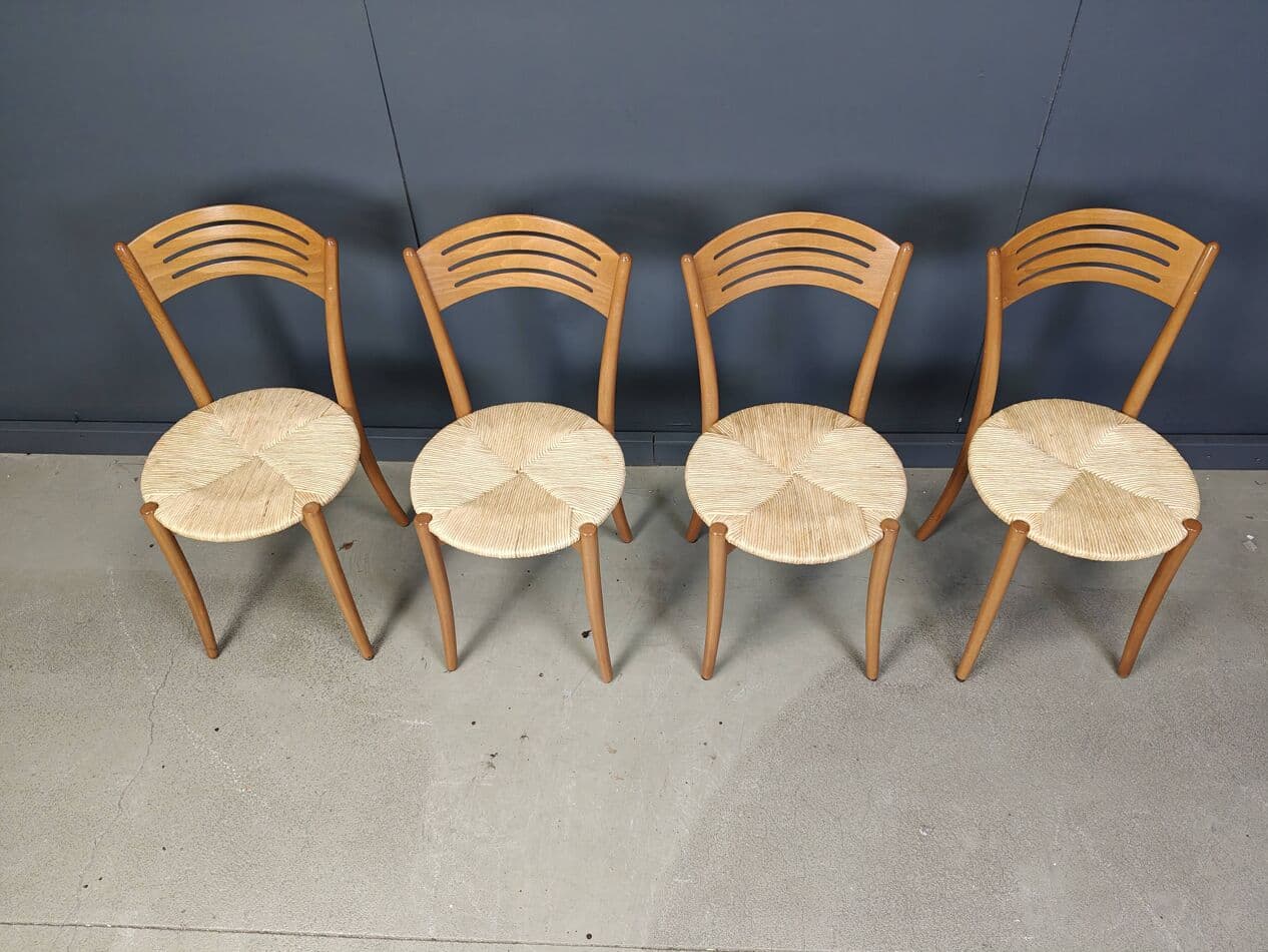 Set of four bistro chairs, brown beech, beige papercord, Italy, 1980s. - 272879