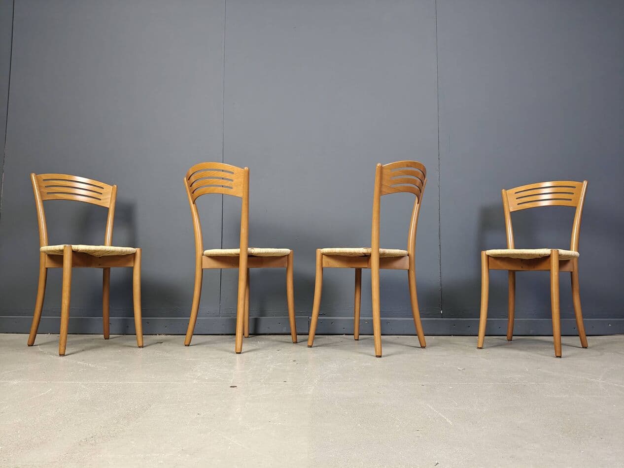 Set of four bistro chairs, brown beech, beige papercord, Italy, 1980s. - 272884