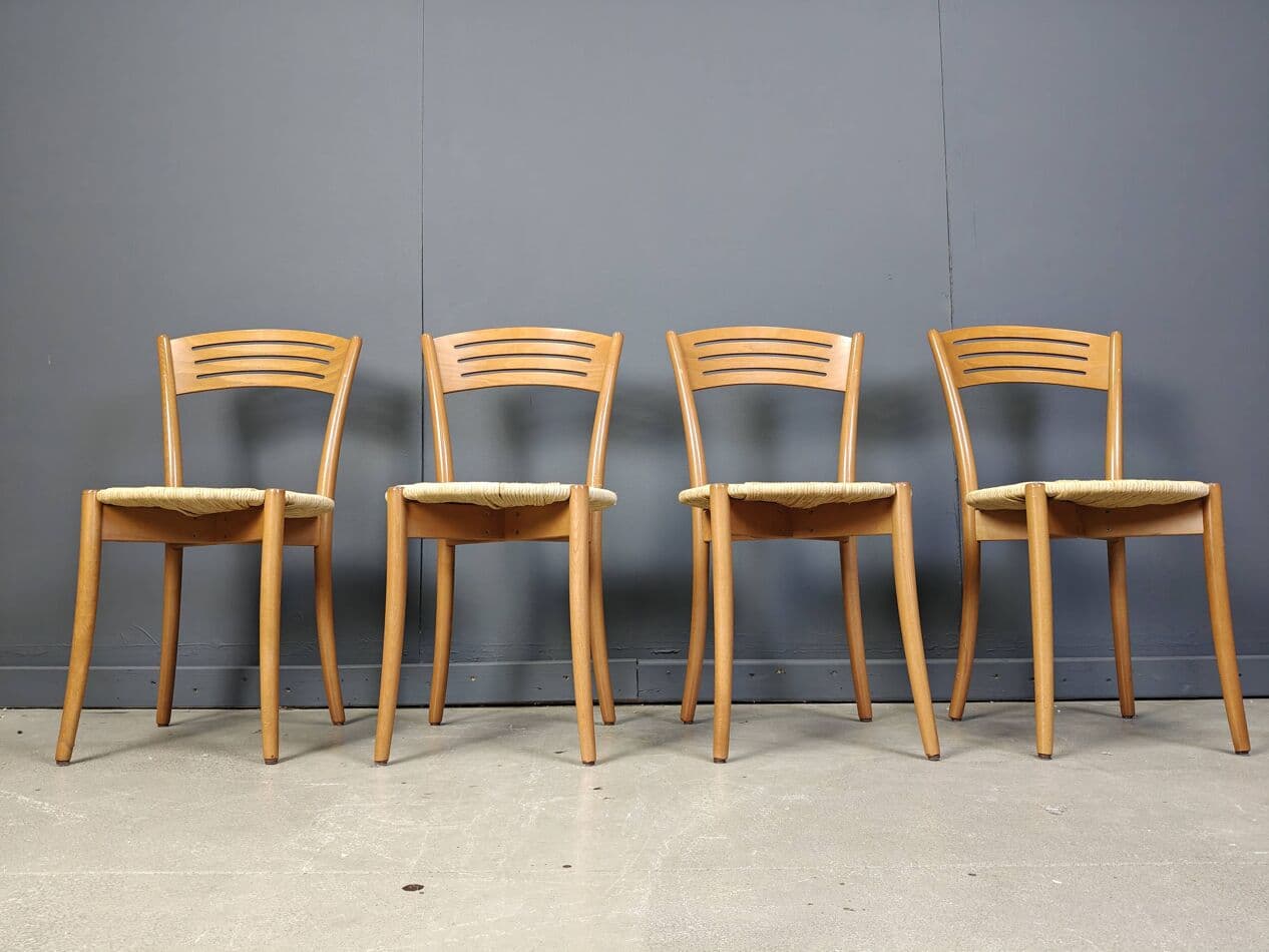 Set of four bistro chairs, brown beech, beige papercord, Italy, 1980s. - 272889