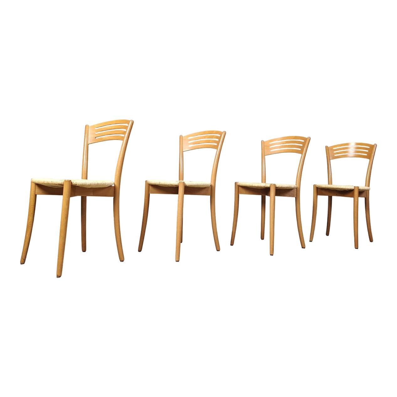 Set of four bistro chairs, brown beech, beige papercord, Italy, 1980s.