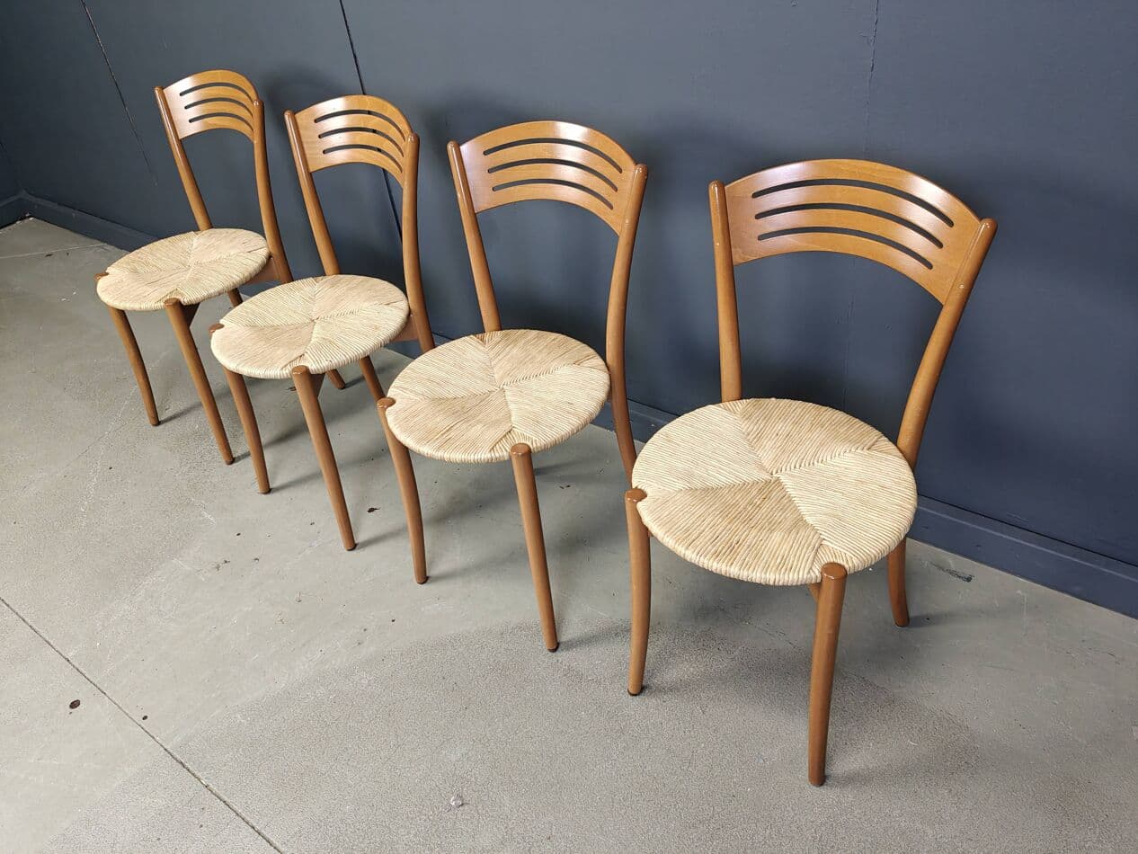 Set of four bistro chairs, brown beech, beige papercord, Italy, 1980s. - 272887