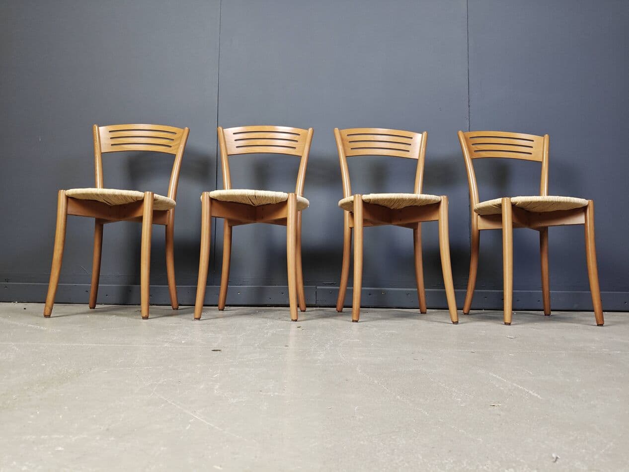Set of four bistro chairs, brown beech, beige papercord, Italy, 1980s. - 272888