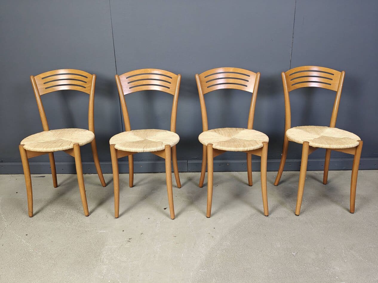 Set of four bistro chairs, brown beech, beige papercord, Italy, 1980s. - 272878