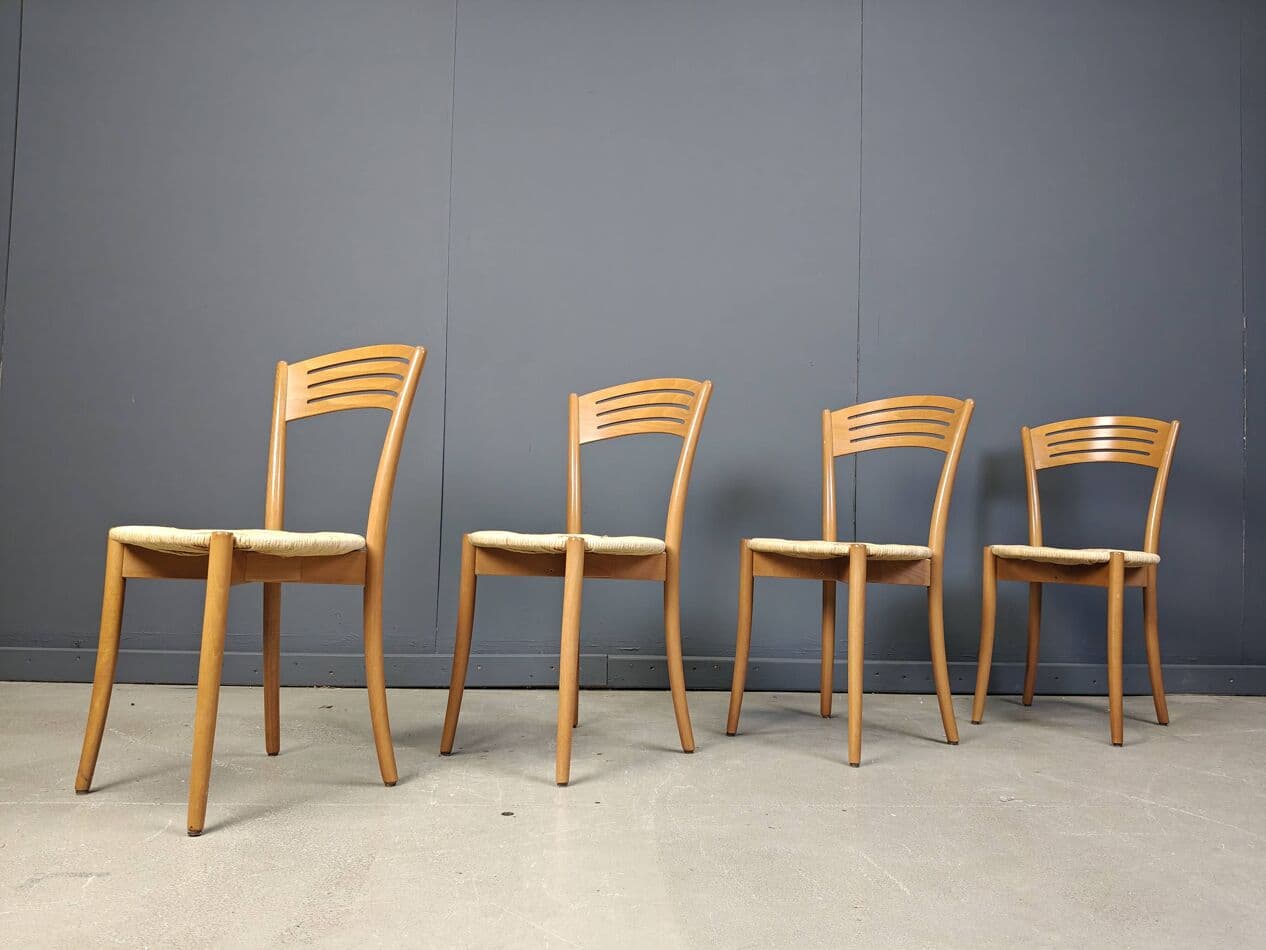 Set of four bistro chairs, brown beech, beige papercord, Italy, 1980s. - 272883