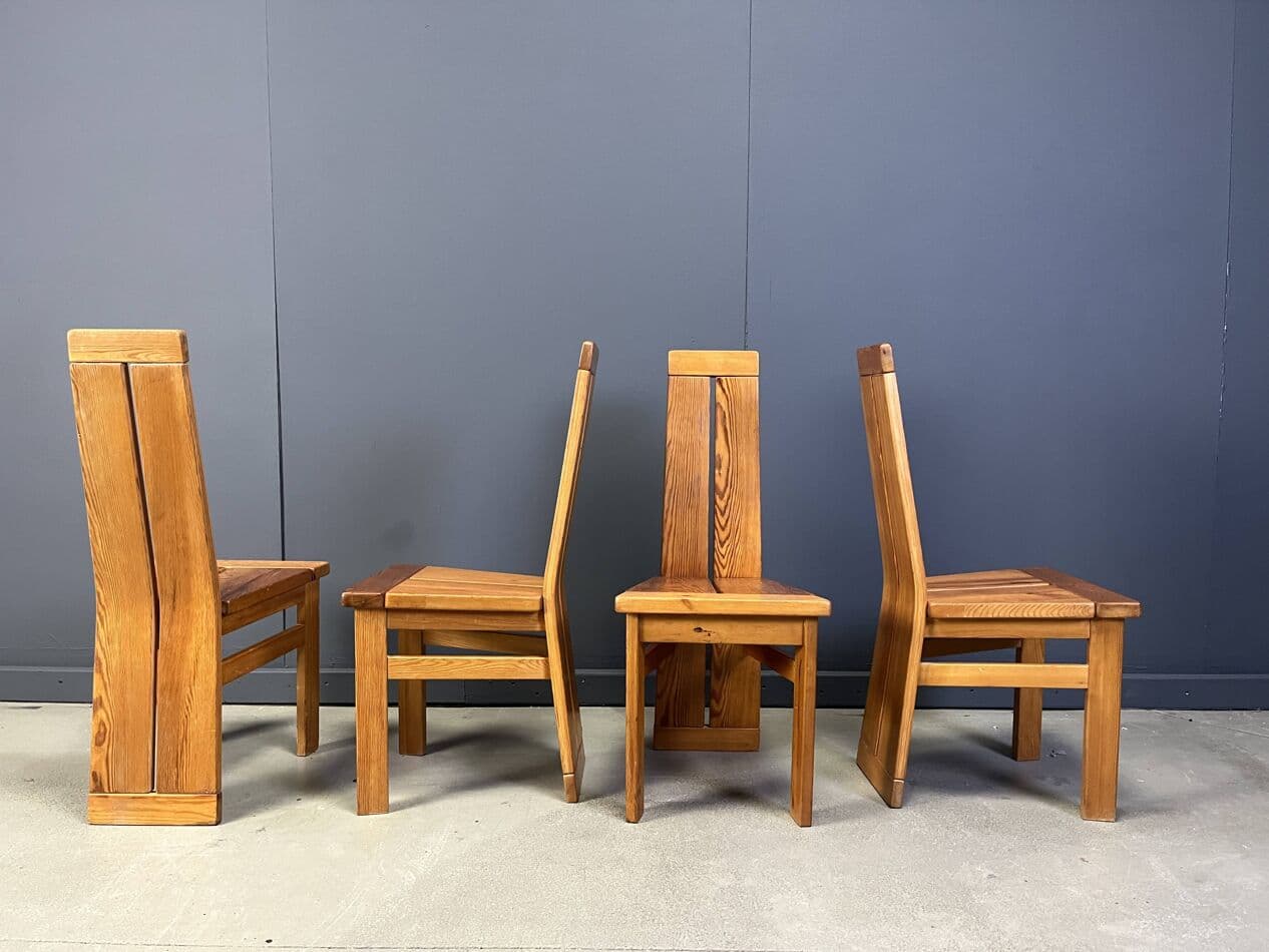 set of four brutalist dining chairs, brown oak, Belgium, 1970s - 272826