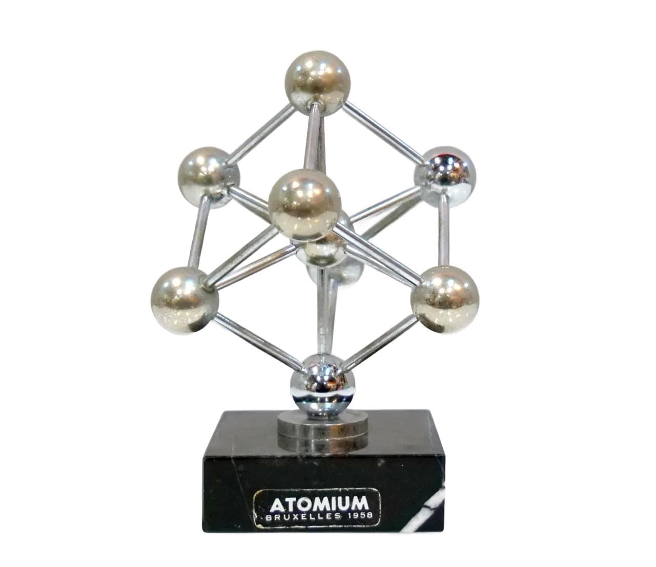 Atomium Model, silver metal, black marble, Belgium, 1950s.