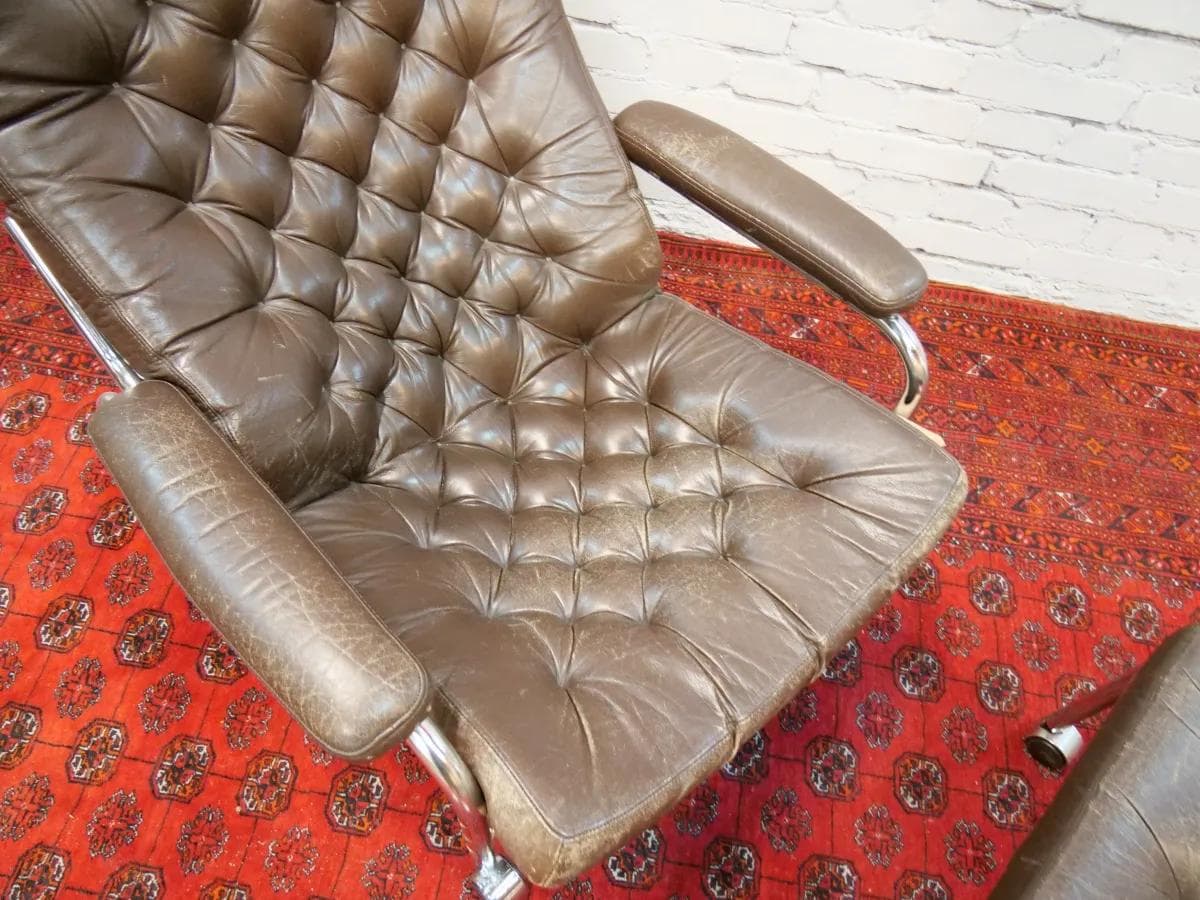 Fotel z podnóżkiem Bore, skóra naturalna brązowa, proj. N. Nakamura, Ikea, Szwecja, lata 70. - 19126