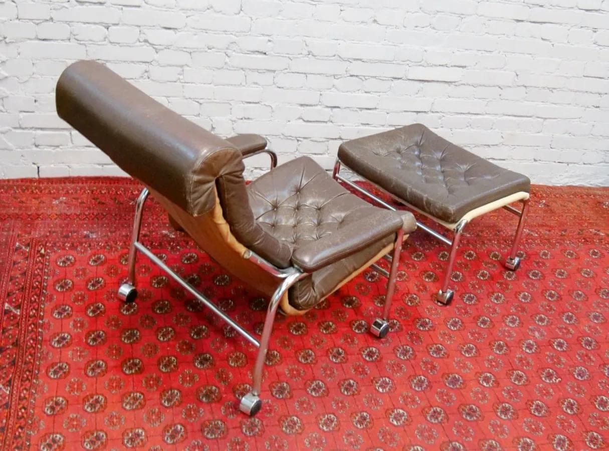 Fotel z podnóżkiem Bore, skóra naturalna brązowa, proj. N. Nakamura, Ikea, Szwecja, lata 70. - 19122