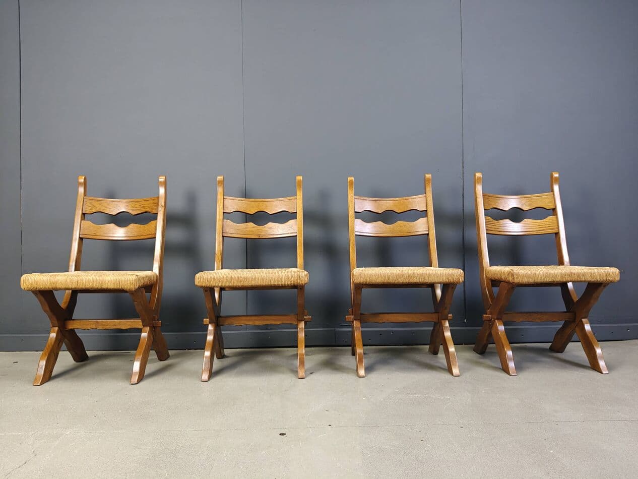 set of six chairs, brown oak, light wicker, Spain, 1960s - 272508