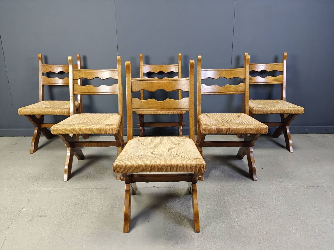 set of six chairs, brown oak, light wicker, Spain, 1960s - 272499