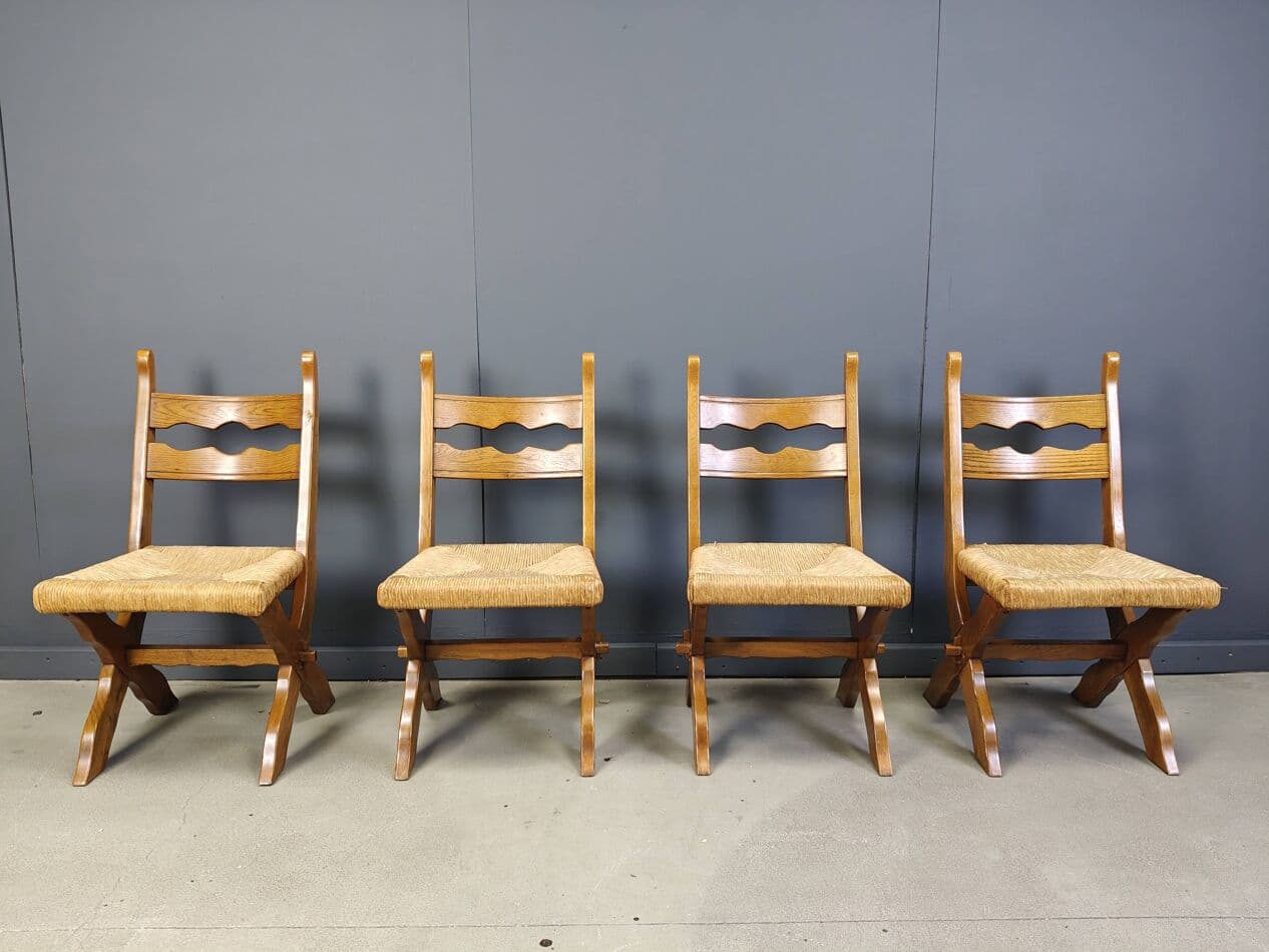 set of six chairs, brown oak, light wicker, Spain, 1960s - 272498
