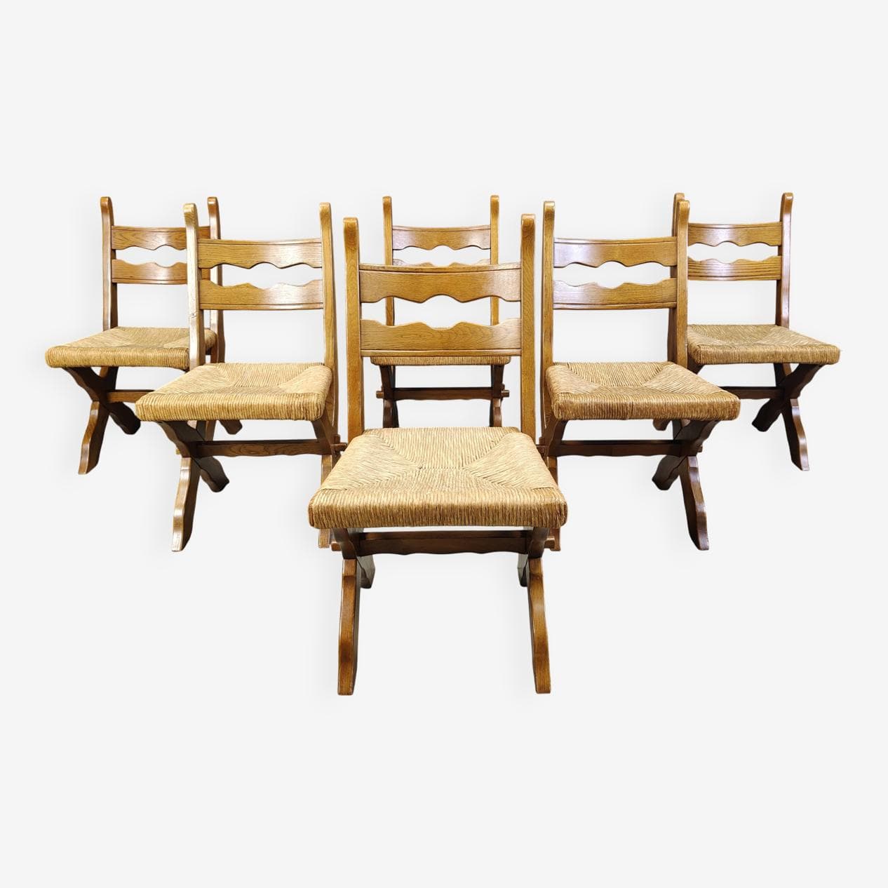 set of six chairs, brown oak, light wicker, Spain, 1960s - 272500