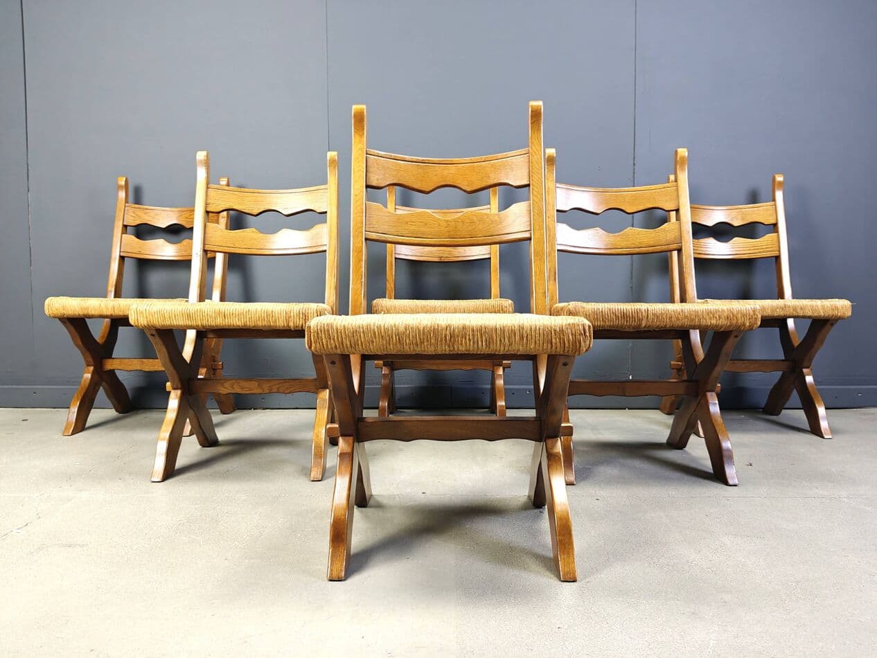 set of six chairs, brown oak, light wicker, Spain, 1960s - 272503