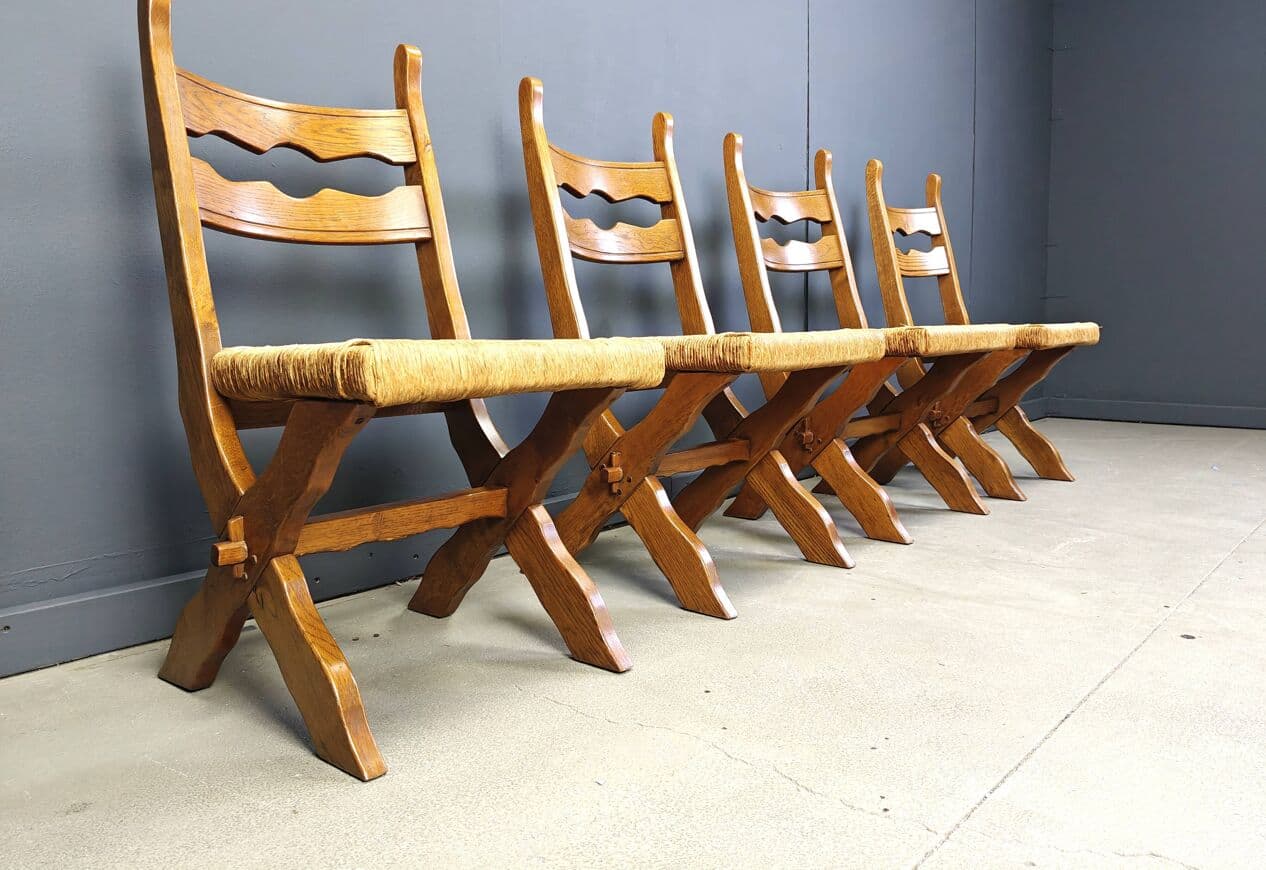 set of six chairs, brown oak, light wicker, Spain, 1960s - 272506