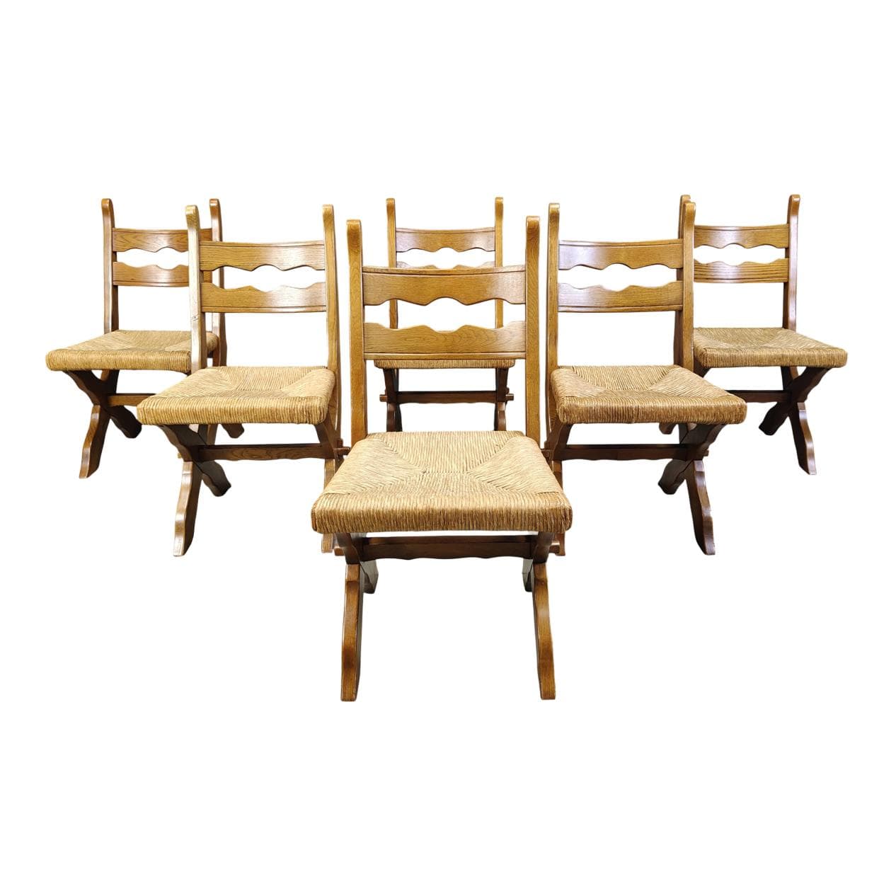 set of six chairs, brown oak, light wicker, Spain, 1960s
