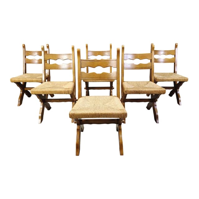 set of six chairs, brown oak, light wicker, Spain, 1960s - DIMENSION