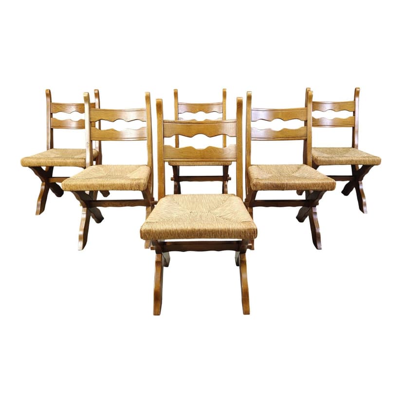 komplet sześciu krzeseł, dąb brązowy, wiklina jasna, Hiszpania, lata 60.