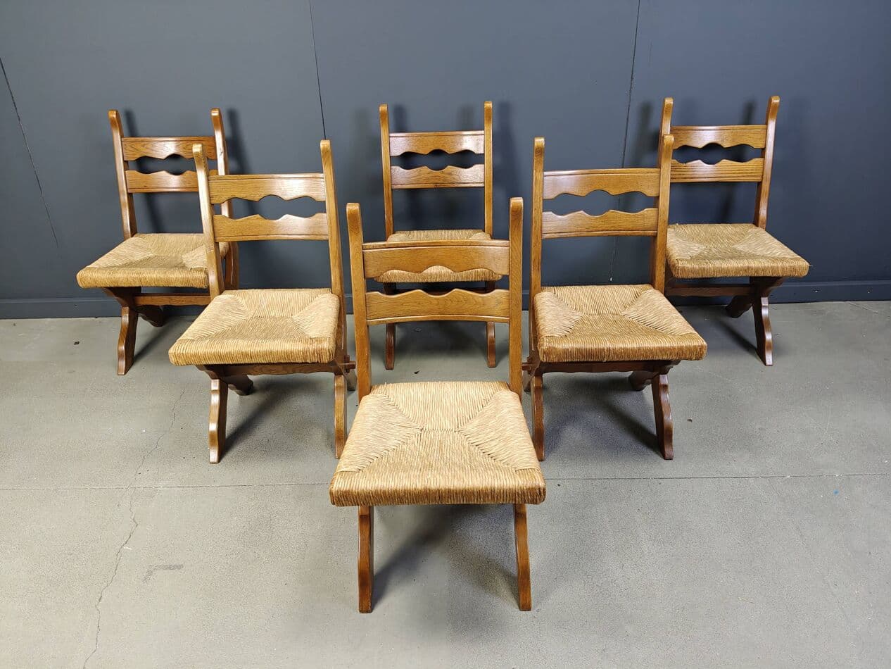 set of six chairs, brown oak, light wicker, Spain, 1960s - 272504