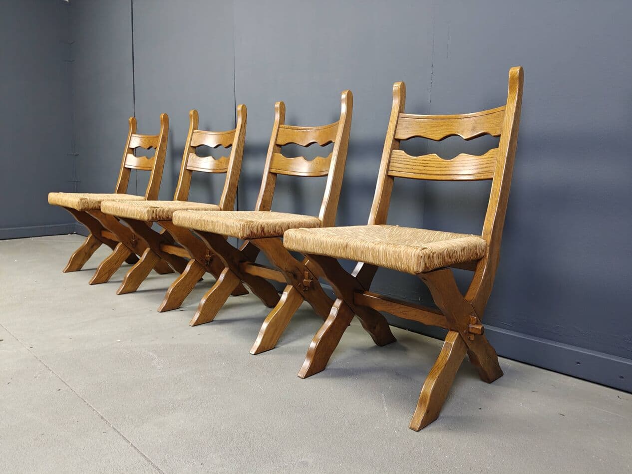 set of six chairs, brown oak, light wicker, Spain, 1960s - 272505