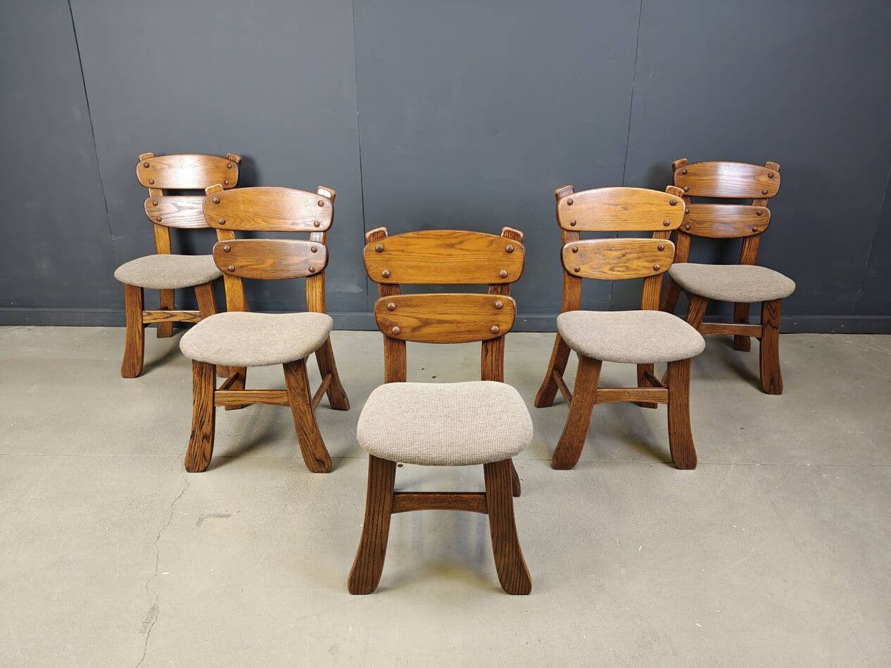 set of five dining chairs, brutalist, brown wood, Germany, 1960s - 272420