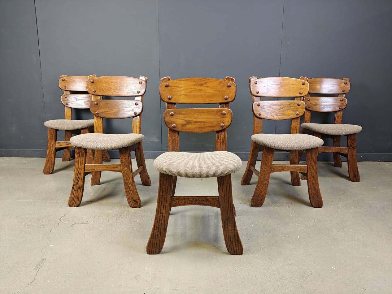 set of five dining chairs, brutalist, brown wood, Germany, 1960s - 272429