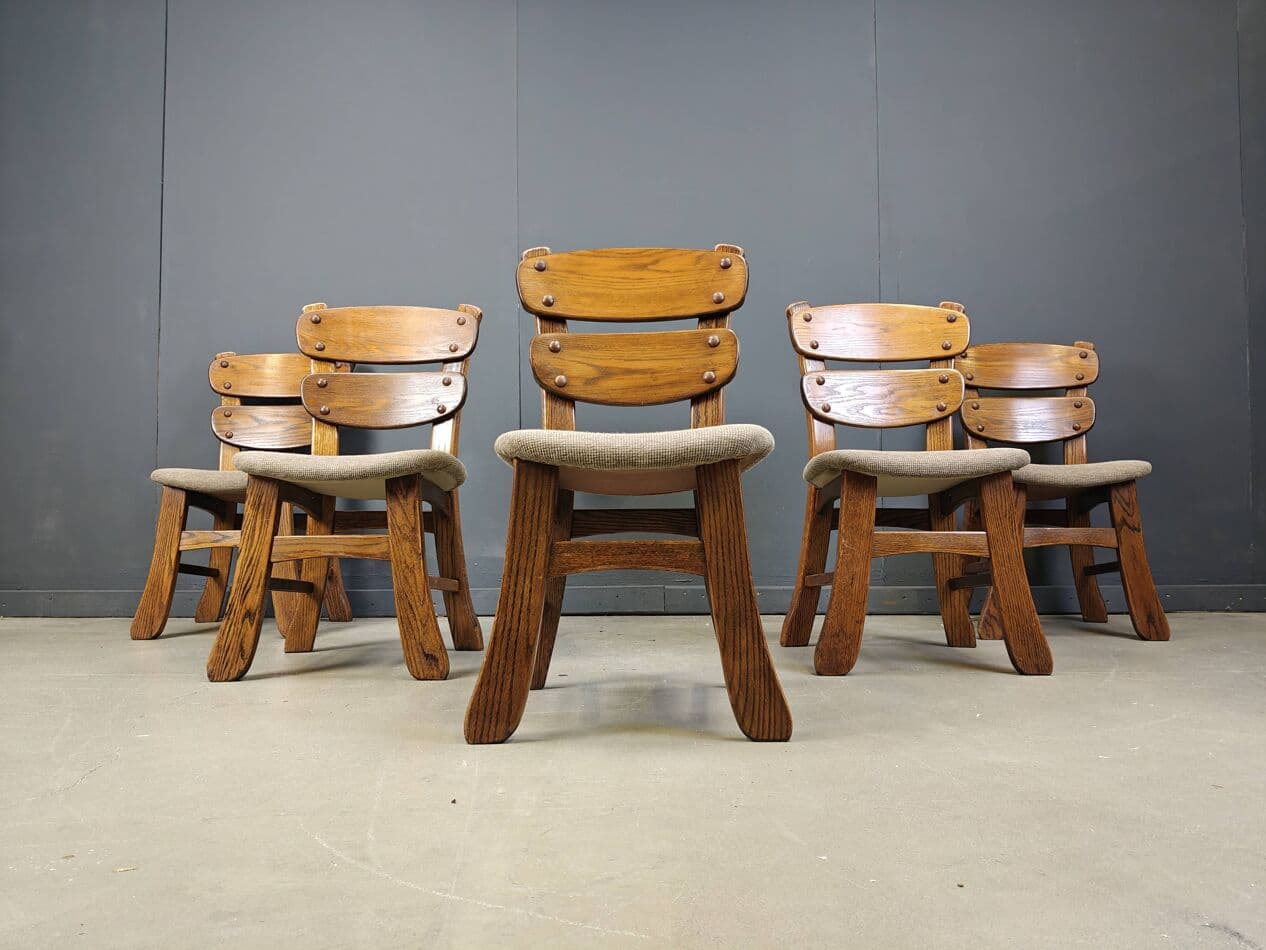set of five dining chairs, brutalist, brown wood, Germany, 1960s - 272427