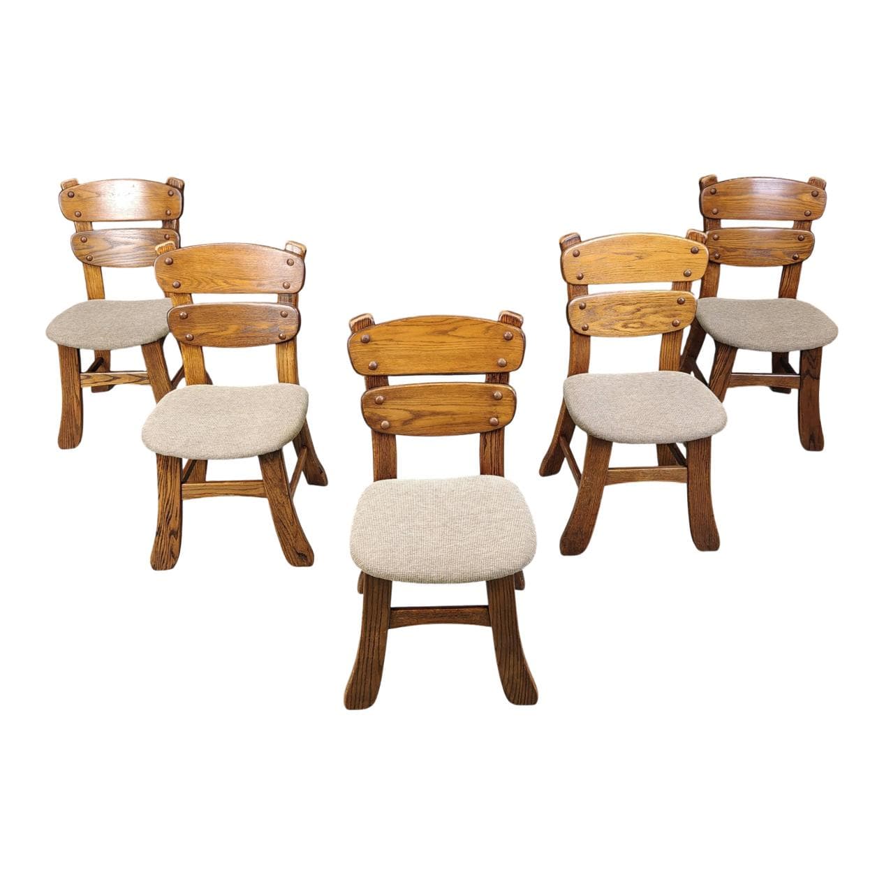 set of five dining chairs, brutalist, brown wood, Germany, 1960s