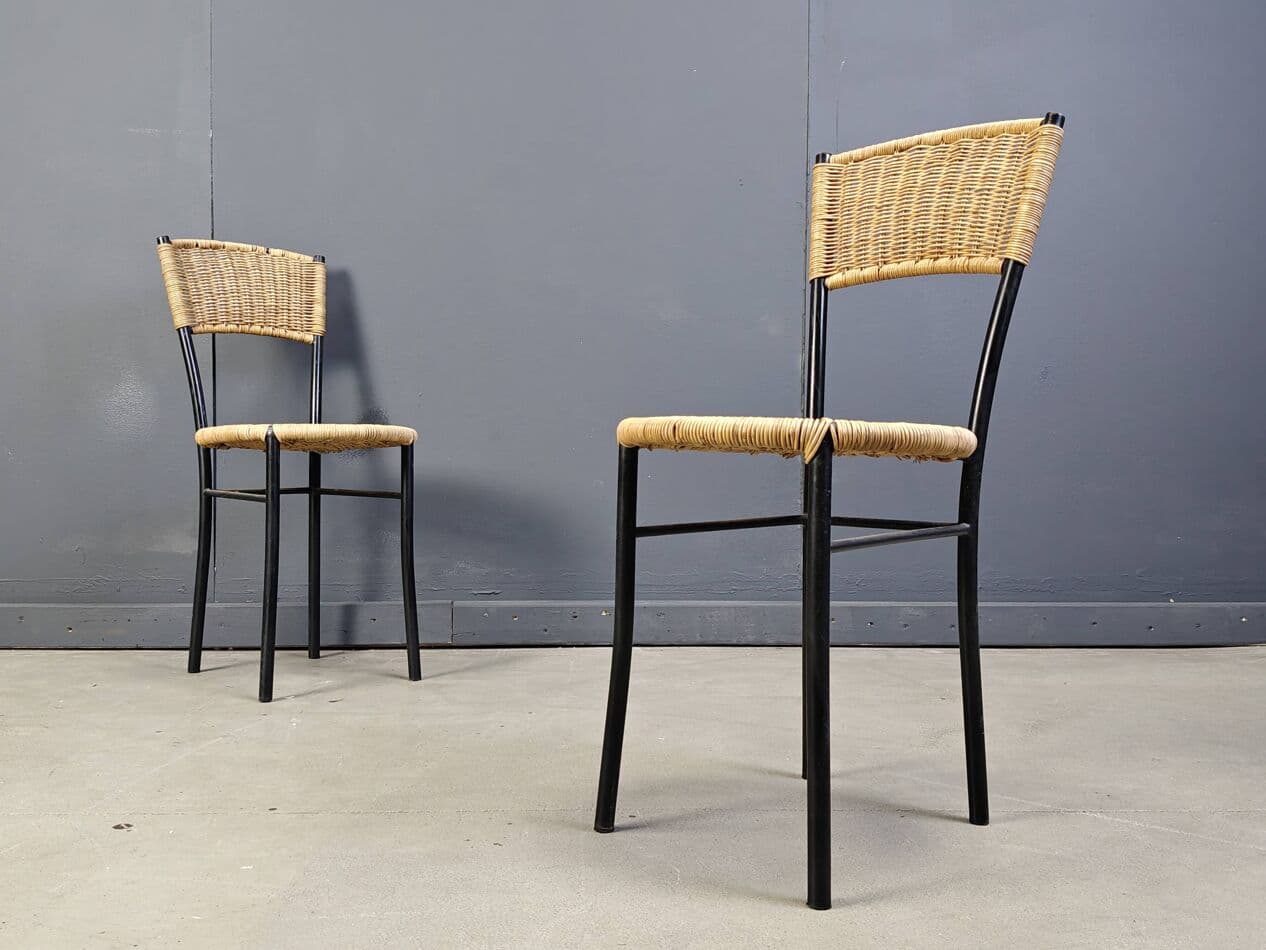 set of four dining chairs, beige rattan, black metal, Italy, 1980s - 272387