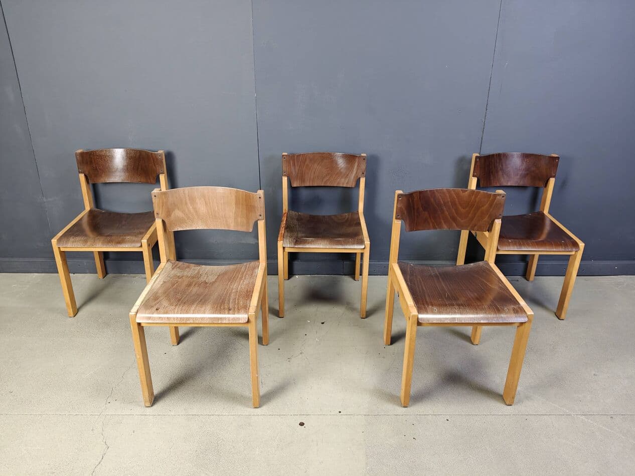 set of five stacking chairs, brown, wood, Denmark, 1980s - 272369