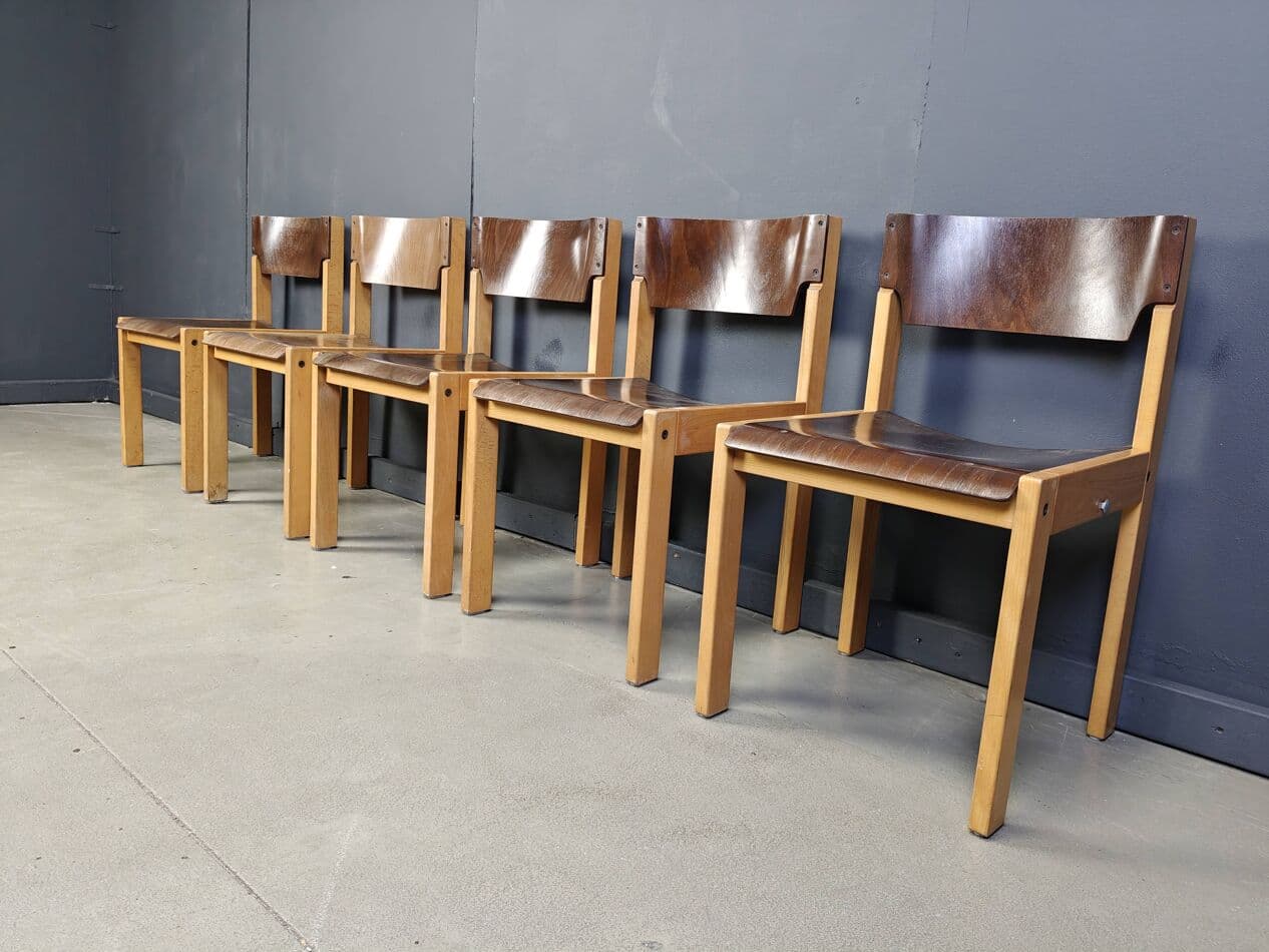 set of five stacking chairs, brown, wood, Denmark, 1980s - 272377
