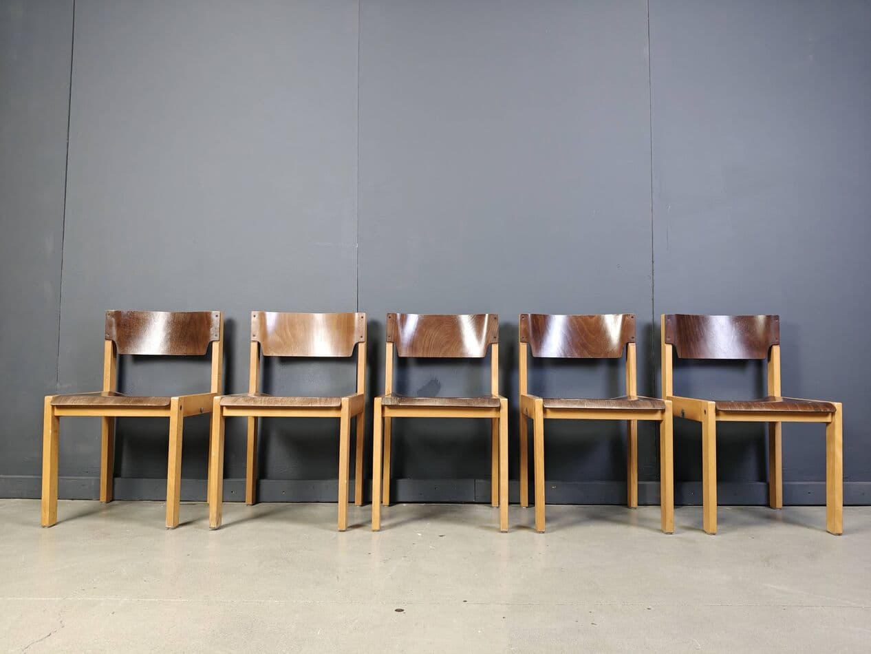 set of five stacking chairs, brown, wood, Denmark, 1980s - 272375