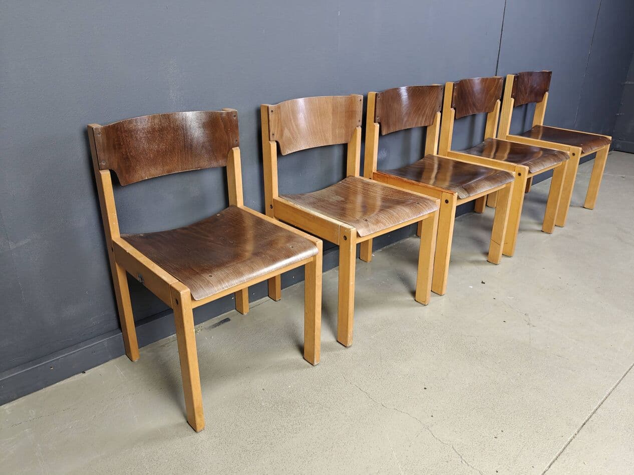 set of five stacking chairs, brown, wood, Denmark, 1980s - 272378
