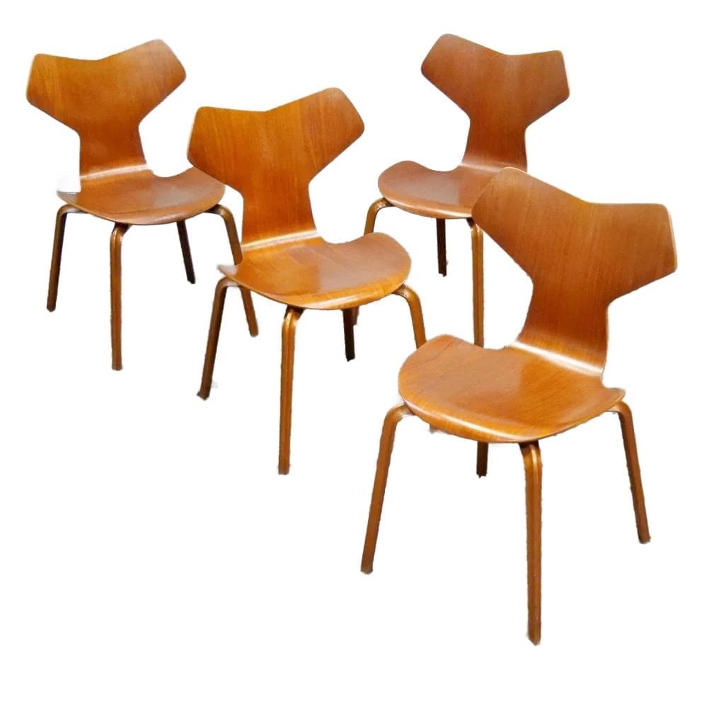 Komplet krzeseł Grand Prix, teak brązowy, proj. A. Jacobsen, dla Fritz Hansen, Dania, lata 50.