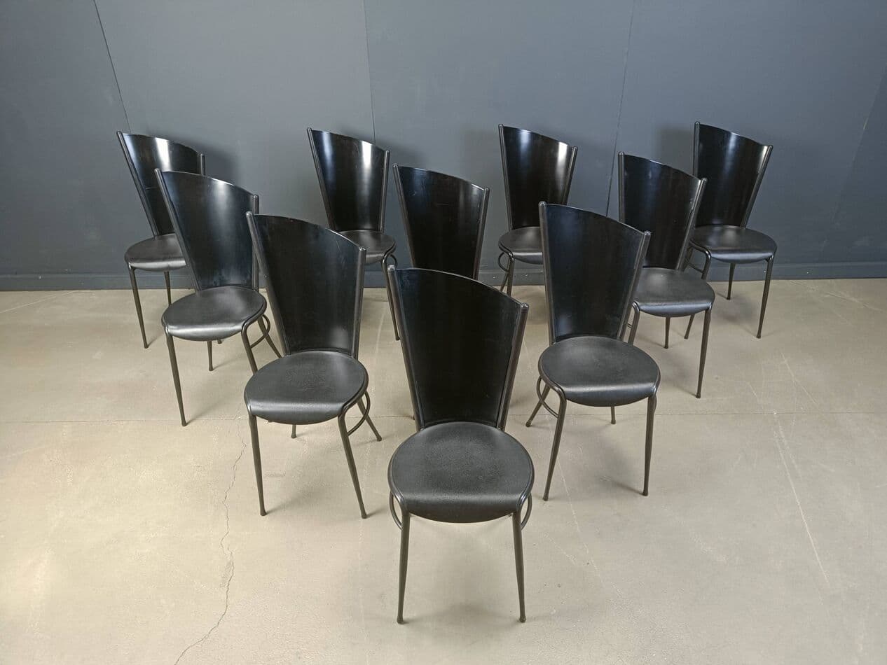 zestaw 10 krzeseł do jadalni postmodernistycznych, czarny, drewno, Włochy, lata 80. - 272127
