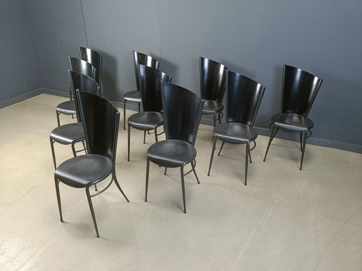 zestaw 10 krzeseł do jadalni postmodernistycznych, czarny, drewno, Włochy, lata 80. - 272132